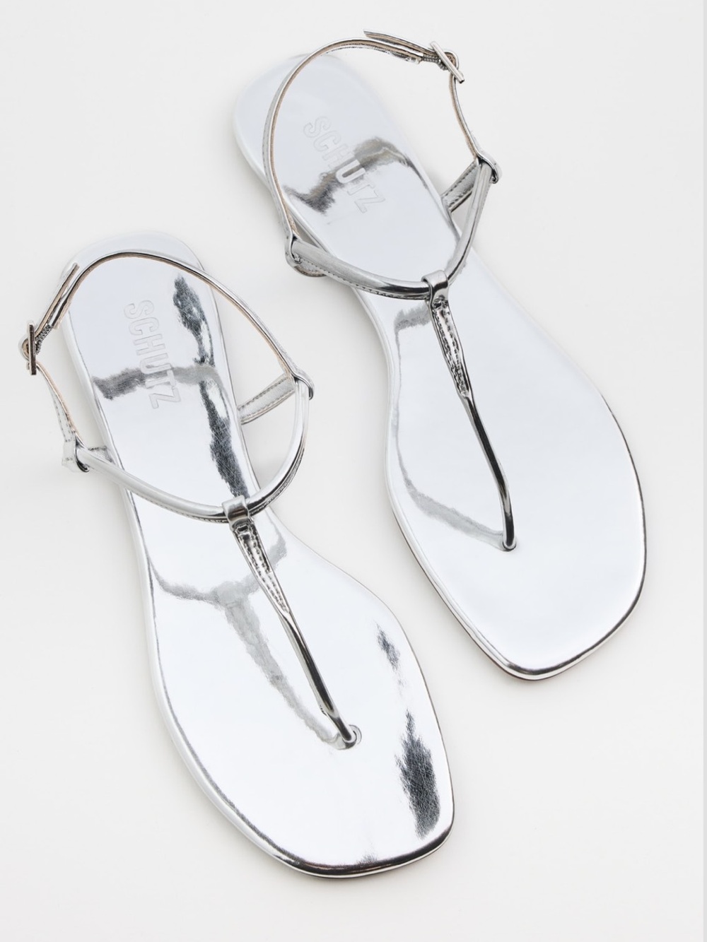SCHUTZ Elsha Silver Metallic T-Strap Sandals